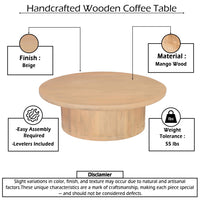 Bela Coffee Table | 47 Inch Round Top | Handcrafted Beige Mango Wood Pedestal Base - UPT-336459