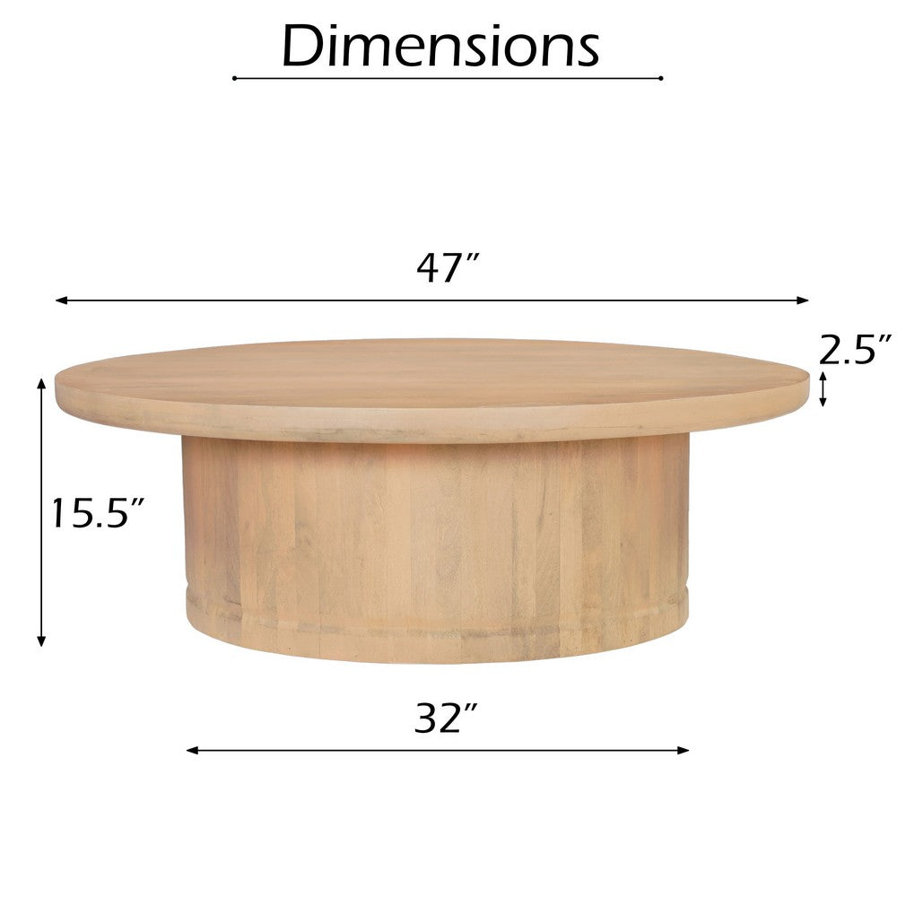 Bela Coffee Table | 47 Inch Round Top | Handcrafted Beige Mango Wood Pedestal Base - UPT-336459