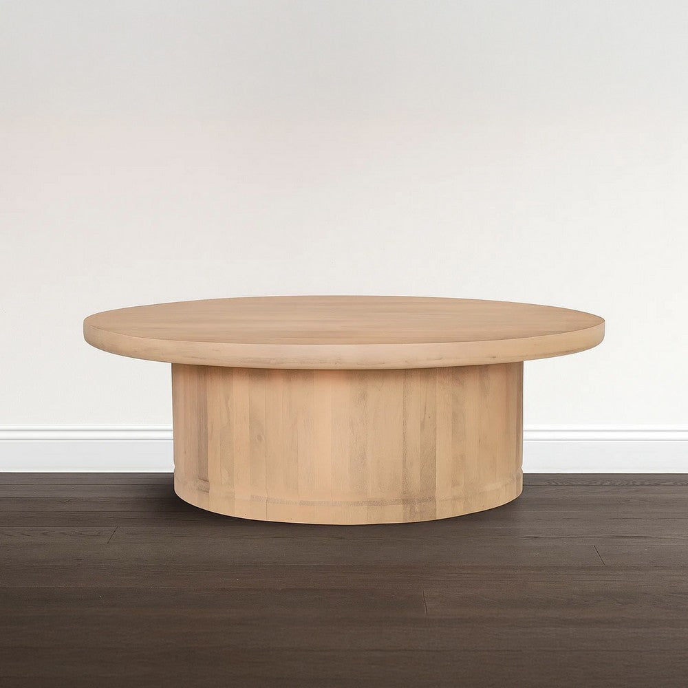 Bela Coffee Table | 47 Inch Round Top | Handcrafted Beige Mango Wood Pedestal Base - UPT-336459
