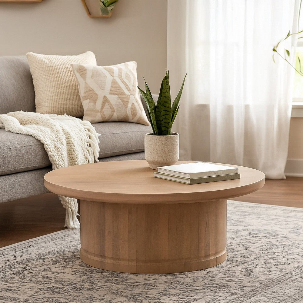 Bela Coffee Table | 47 Inch Round Top | Handcrafted Beige Mango Wood Pedestal Base - UPT-336459