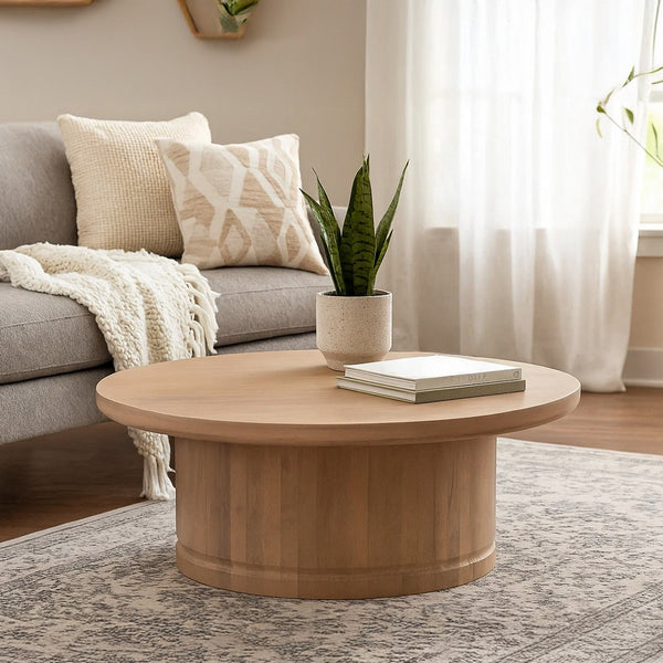 Bela Coffee Table | 47 Inch Round Top | Handcrafted Beige Mango Wood Pedestal Base - UPT-336459