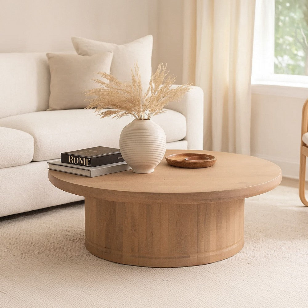 Bela Coffee Table | 47 Inch Round Top | Handcrafted Beige Mango Wood Pedestal Base - UPT-336459
