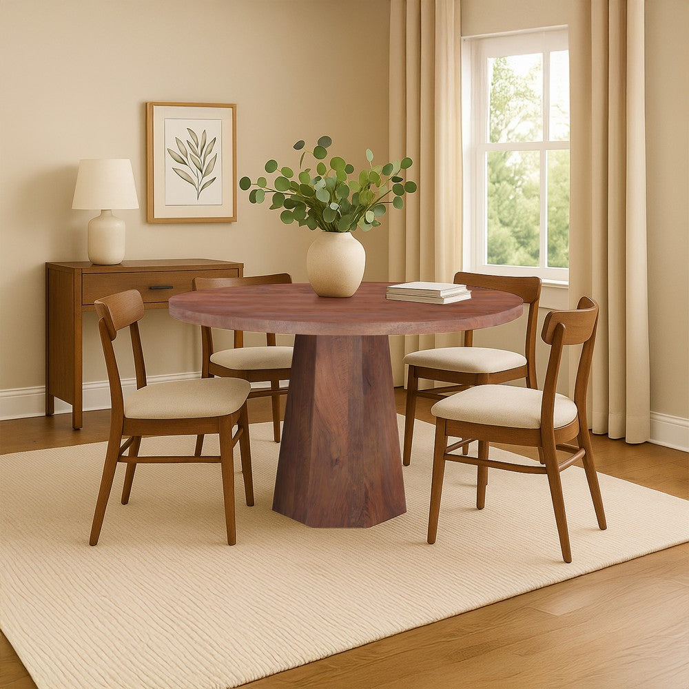 Koi Dining Table | 42" Round Top | Handmade Ambre Brown Mango Wood | Octagonal Pedestal Base - UPT-336460