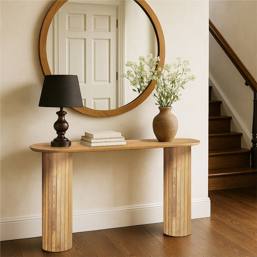 Cleo 54 Inch Sofa Console Table, Rounded Corners, Ribbed Pillar Legs, Golden Oak Brown Mango Wood - UPT-336461