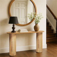 Cleo 54 Inch Sofa Console Table, Rounded Corners, Ribbed Pillar Legs, Golden Oak Brown Mango Wood - UPT-336461