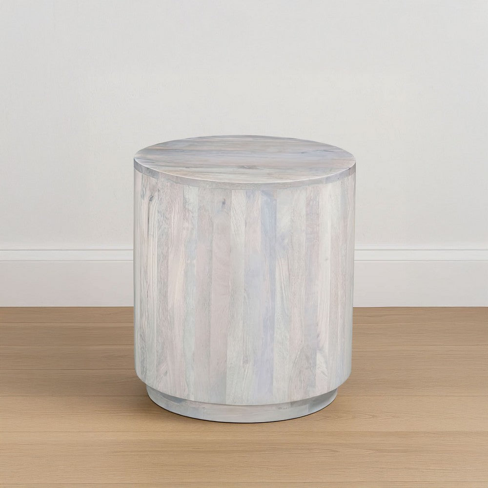 Febe Side End Accent Table, 20 Inch Round Top, Cylindrical Plinth Base, Oak White Mango Wood - UPT-336462