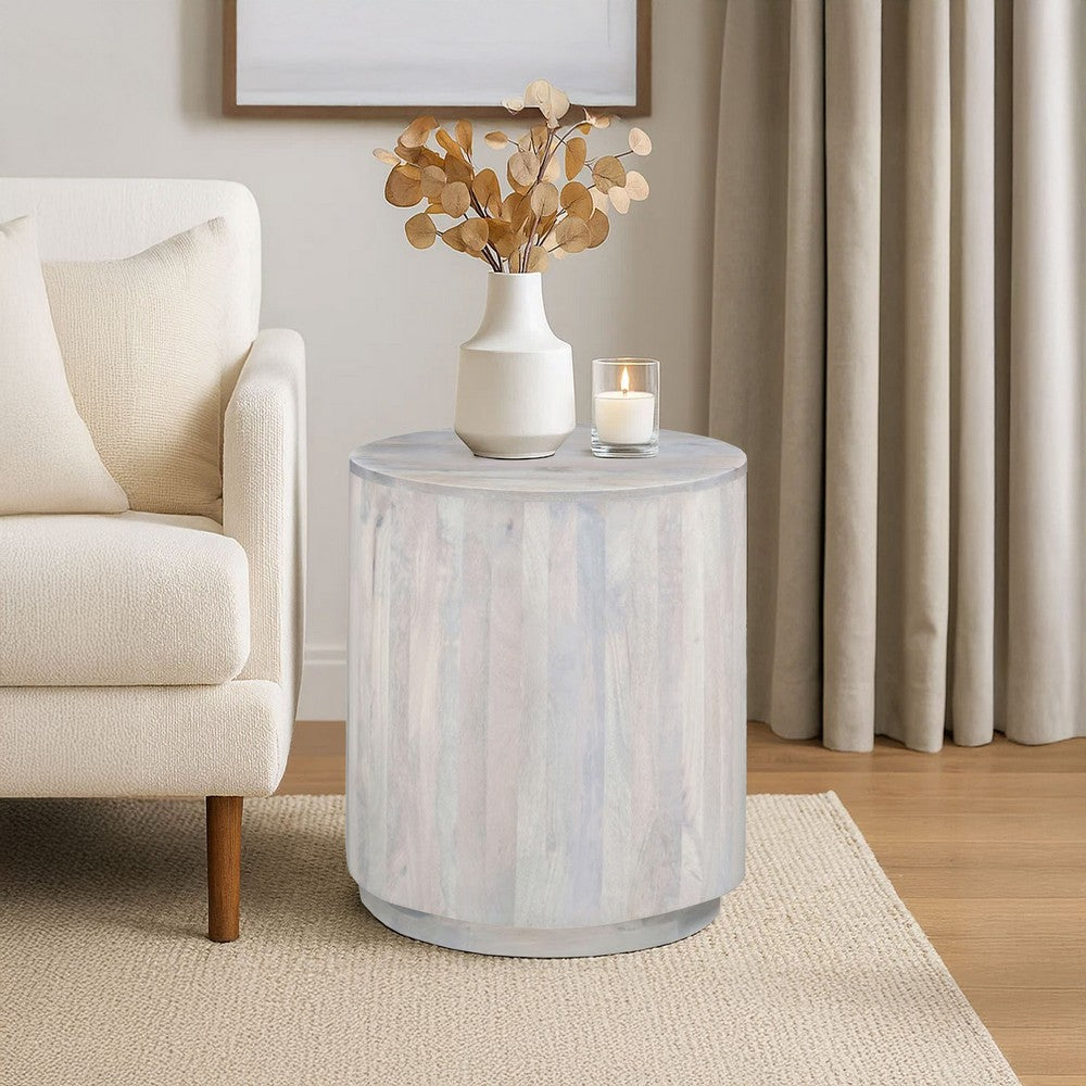 Febe Side End Accent Table, 20 Inch Round Top, Cylindrical Plinth Base, Oak White Mango Wood - UPT-336462
