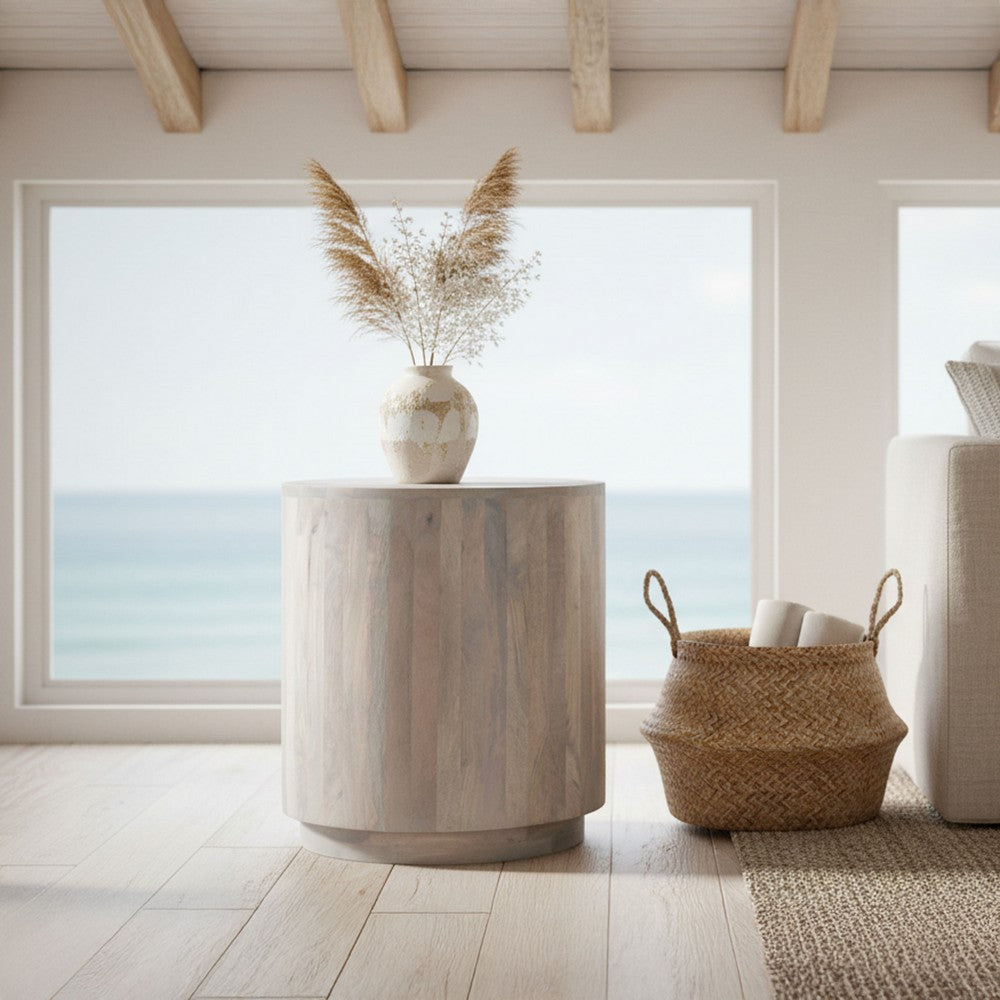 Febe Side End Accent Table, 20 Inch Round Top, Cylindrical Plinth Base, Oak White Mango Wood - UPT-336462
