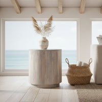 Febe Side End Accent Table, 20 Inch Round Top, Cylindrical Plinth Base, Oak White Mango Wood - UPT-336462