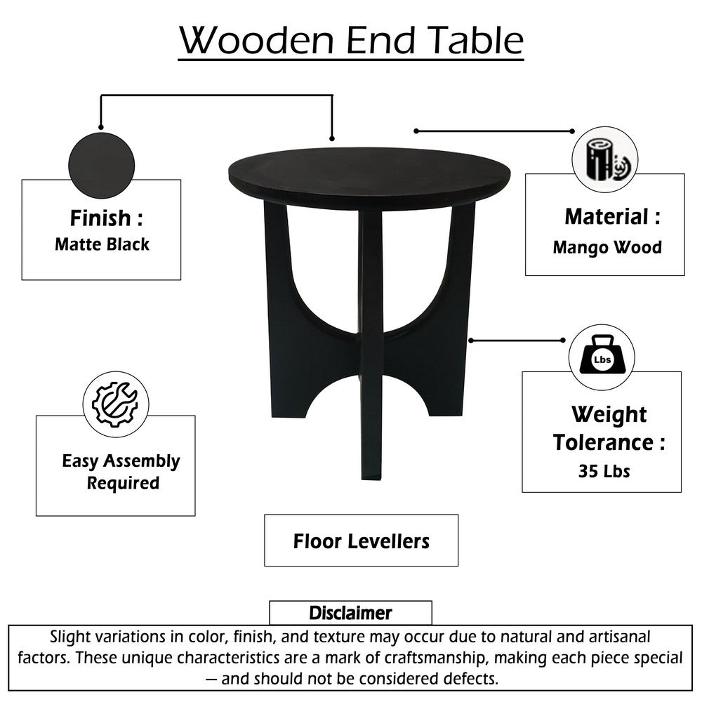 Sara Round Side End Table, 20 Inch Solid Mango Wood Top in Matte Black with Curved legs UPT-337248