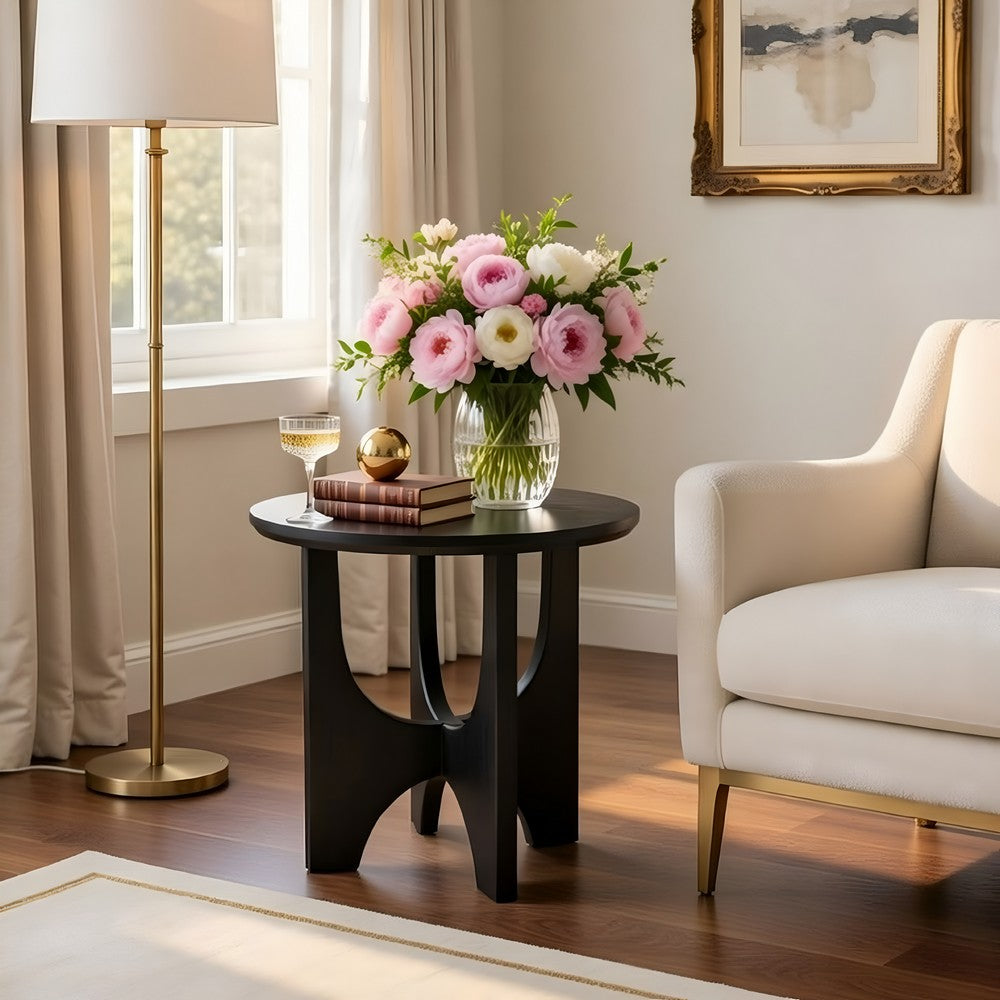 Sara Round Side End Table, 20 Inch Solid Mango Wood Top in Matte Black with Curved legs UPT-337248