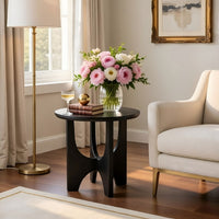 Sara Round Side End Table, 20 Inch Solid Mango Wood Top in Matte Black with Curved legs UPT-337248