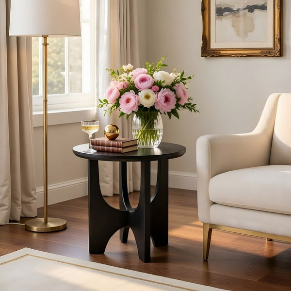 Sara Round Side End Table, 20 Inch Solid Mango Wood Top in Matte Black with Curved legs UPT-337248