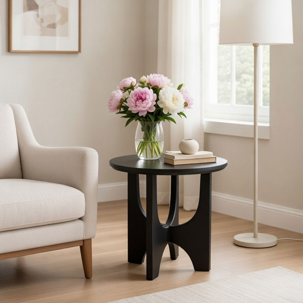 Sara Round Side End Table, 20 Inch Solid Mango Wood Top in Matte Black with Curved legs UPT-337248