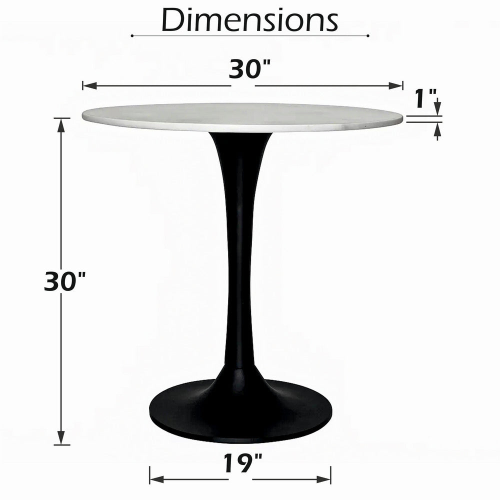 Mara Dining Table | 30 Inch Round White Genuine Marble Top | Black Metal Tulip Pedestal Base - UPT-337269