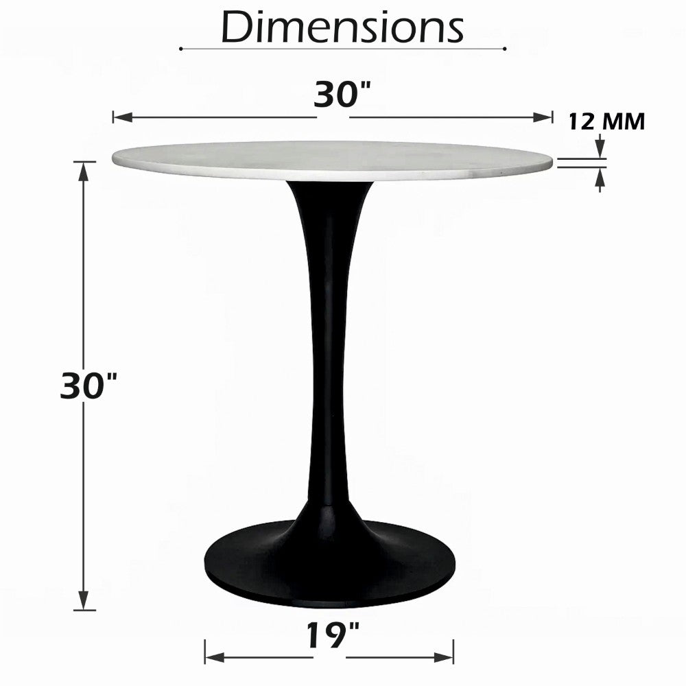 Mara Dining Table | 30 Inch Round White Genuine Marble Top | Black Metal Tulip Pedestal Base - UPT-337269