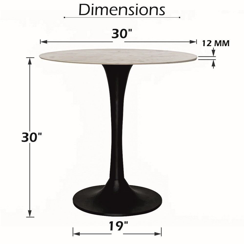 Mara Dining Table | 30 Inch Round White Genuine Marble Top | Black Metal Tulip Pedestal Base - UPT-337269