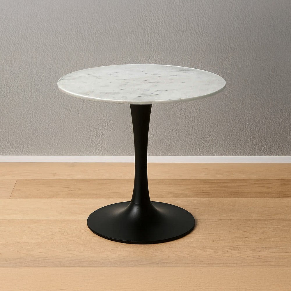 Mara Dining Table | 30 Inch Round White Genuine Marble Top | Black Metal Tulip Pedestal Base - UPT-337269
