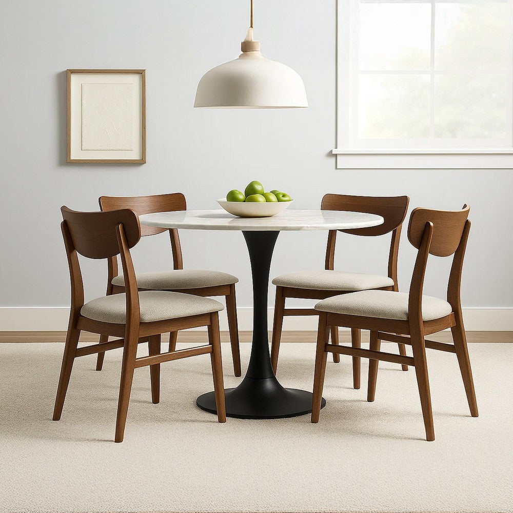 Mara Dining Table | 30 Inch Round White Genuine Marble Top | Black Metal Tulip Pedestal Base - UPT-337269