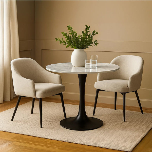 Mara Dining Table | 30 Inch Round White Genuine Marble Top | Black Metal Tulip Pedestal Base - UPT-337269