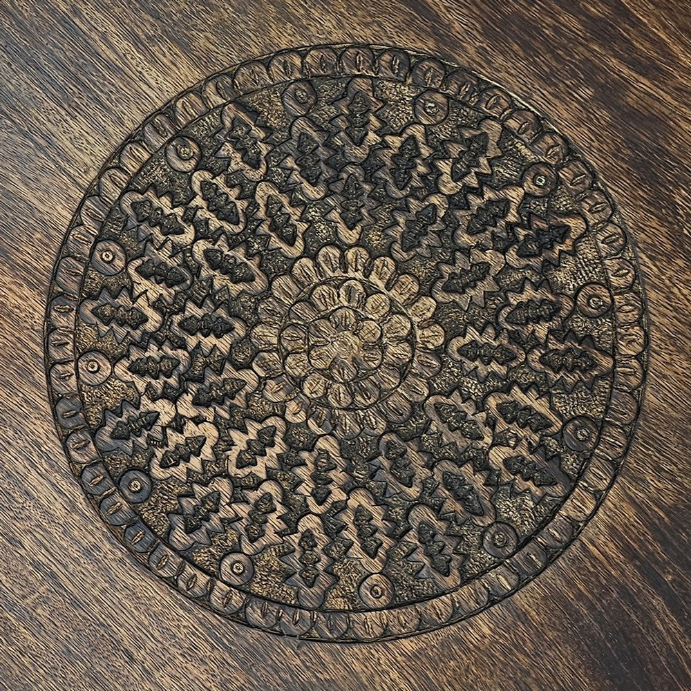 Ama 22 Inch Side End Table, Round Top, Indian Mandala Floral Carving, 3 Legs, Brown Mango Wood - UPT-339541