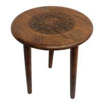 Ama 22 Inch Side End Table, Round Top, Indian Mandala Floral Carving, 3 Legs, Brown Mango Wood - UPT-339541
