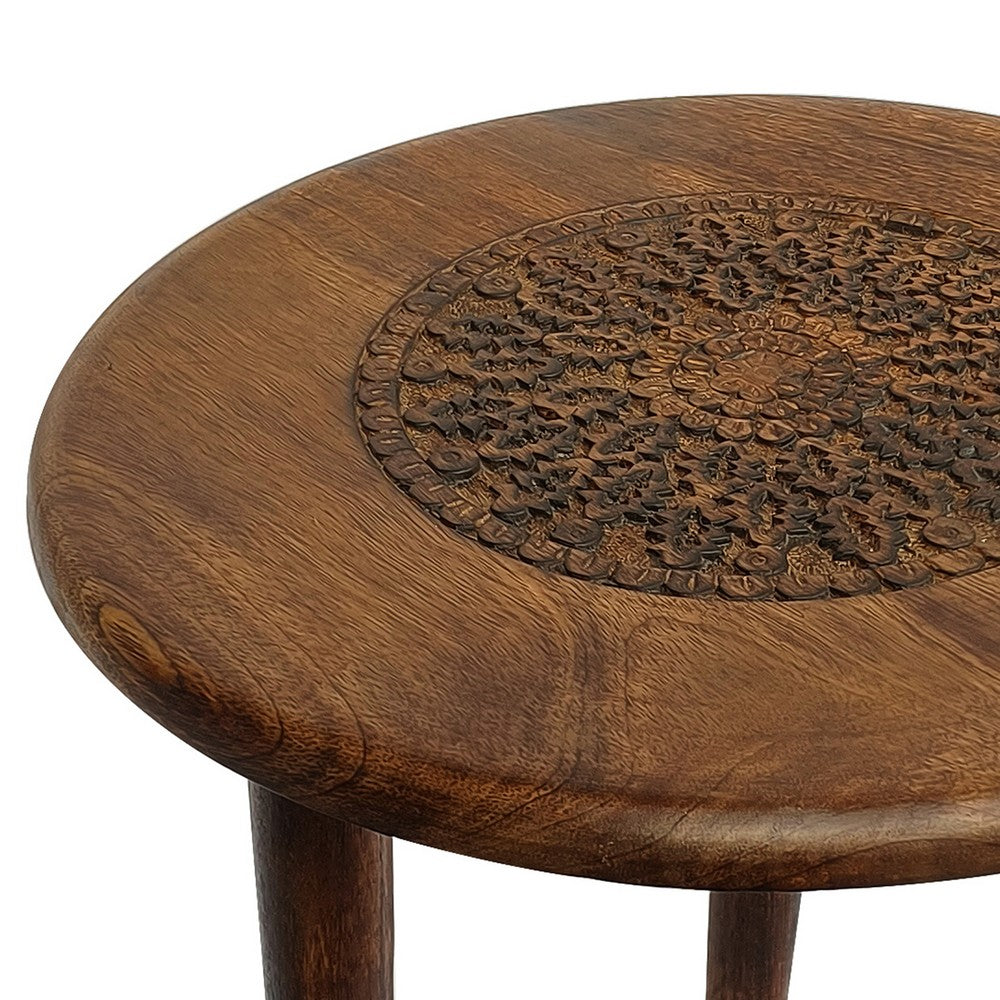 Ama 22 Inch Side End Table, Round Top, Indian Mandala Floral Carving, 3 Legs, Brown Mango Wood - UPT-339541