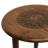 Ama 22 Inch Side End Table, Round Top, Indian Mandala Floral Carving, 3 Legs, Brown Mango Wood - UPT-339541