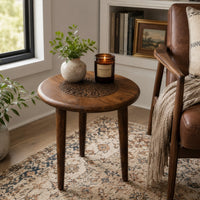 Ama 22 Inch Side End Table, Round Top, Indian Mandala Floral Carving, 3 Legs, Brown Mango Wood - UPT-339541