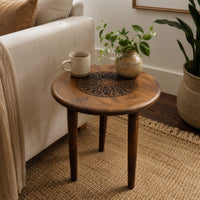 Ama 22 Inch Side End Table, Round Top, Indian Mandala Floral Carving, 3 Legs, Brown Mango Wood - UPT-339541