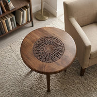 Ama 22 Inch Side End Table, Round Top, Indian Mandala Floral Carving, 3 Legs, Brown Mango Wood - UPT-339541
