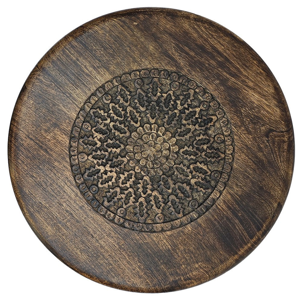 Ama 22 Inch Side End Table, Round Top, Indian Mandala Floral Carving, 3 Legs, Brown Mango Wood - UPT-339541