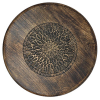 Ama 22 Inch Side End Table, Round Top, Indian Mandala Floral Carving, 3 Legs, Brown Mango Wood - UPT-339541