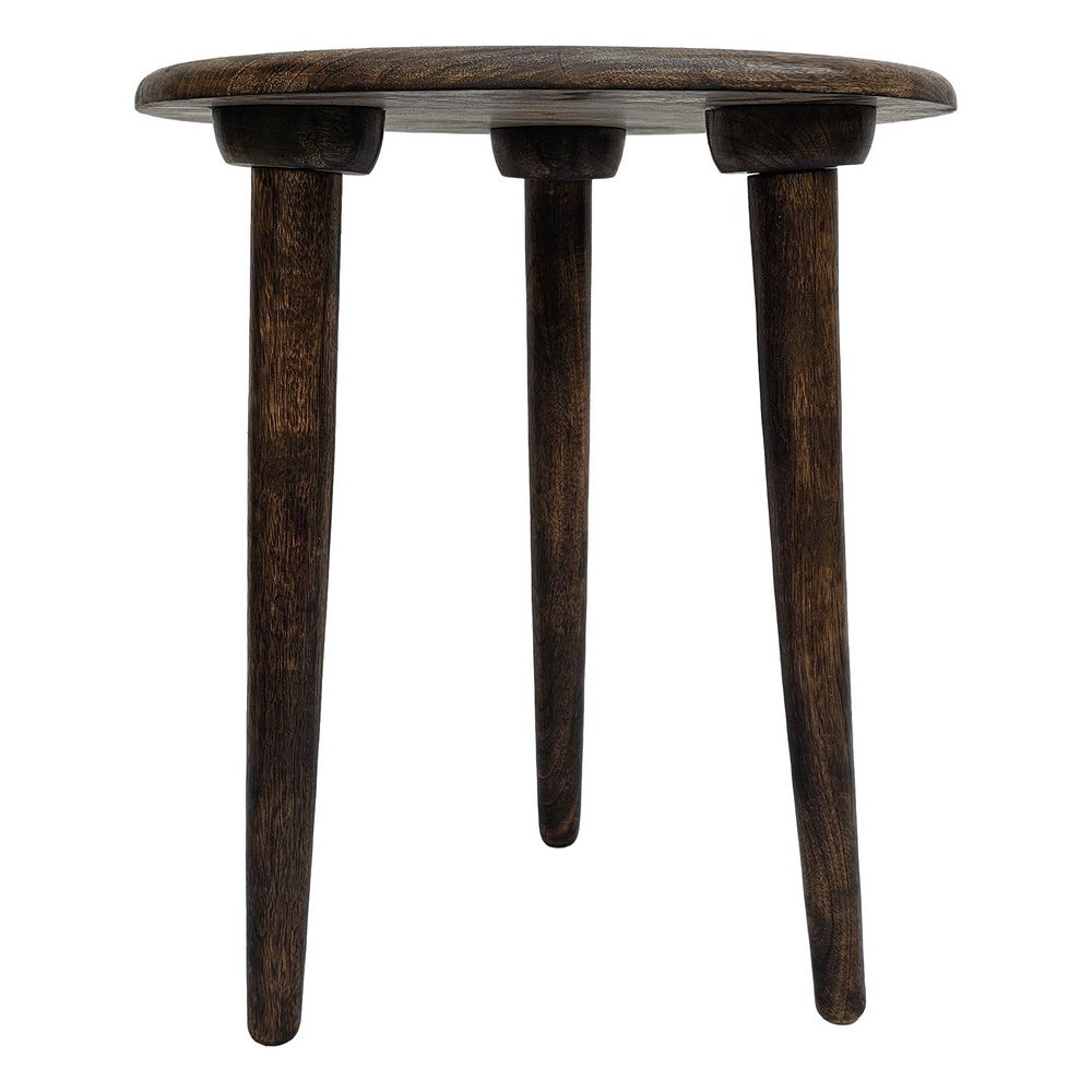 Ama 22 Inch Side End Table, Round Top, Indian Mandala Floral Carving, 3 Legs, Brown Mango Wood - UPT-339541