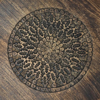 Ama 22 Inch Side End Table, Round Top, Indian Mandala Floral Carving, 3 Legs, Brown Mango Wood - UPT-339541