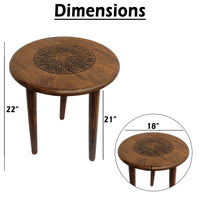 Ama 22 Inch Side End Table, Round Top, Indian Mandala Floral Carving, 3 Legs, Brown Mango Wood - UPT-339541