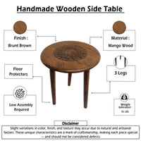 Ama 22 Inch Side End Table, Round Top, Indian Mandala Floral Carving, 3 Legs, Brown Mango Wood - UPT-339541