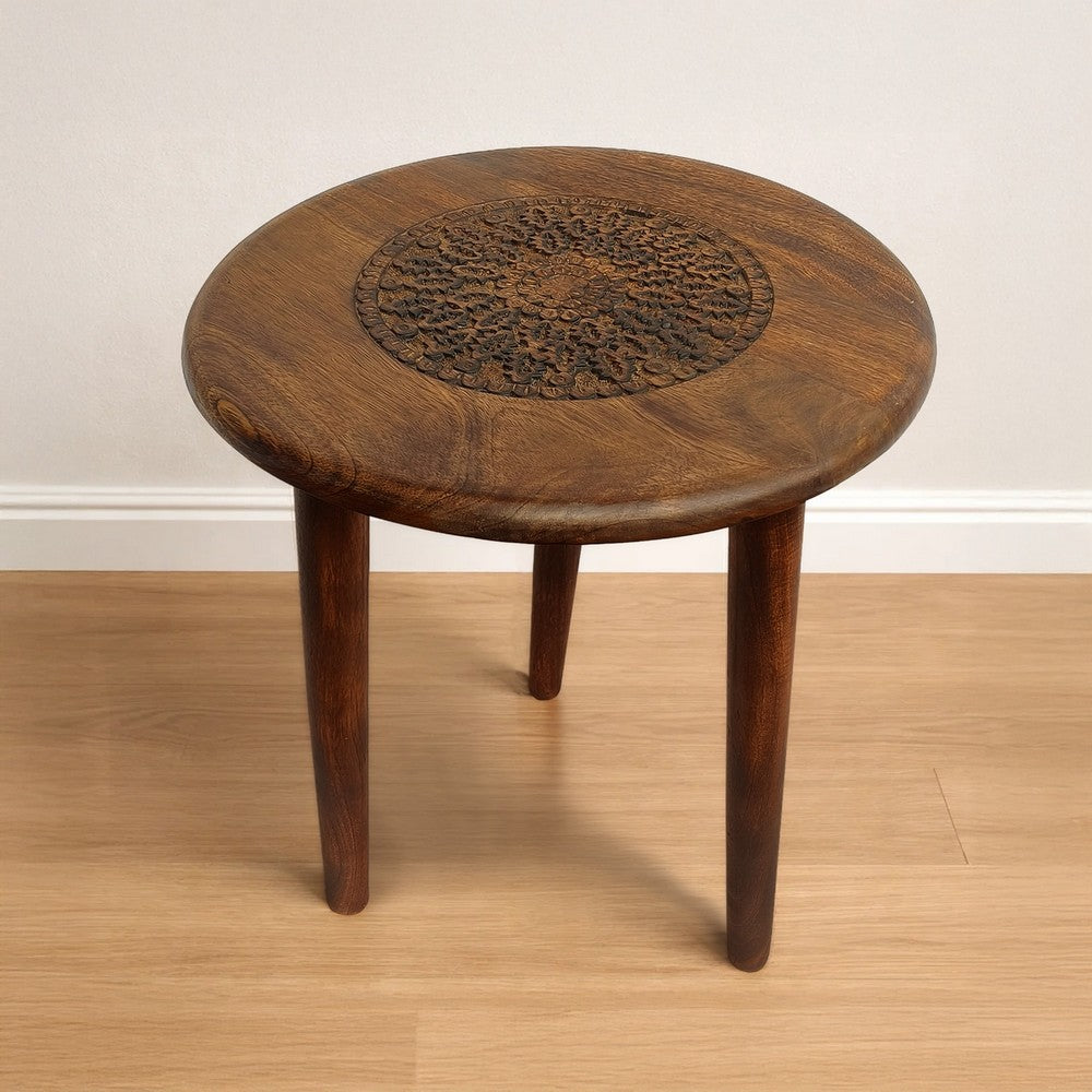 Ama 22 Inch Side End Table, Round Top, Indian Mandala Floral Carving, 3 Legs, Brown Mango Wood - UPT-339541
