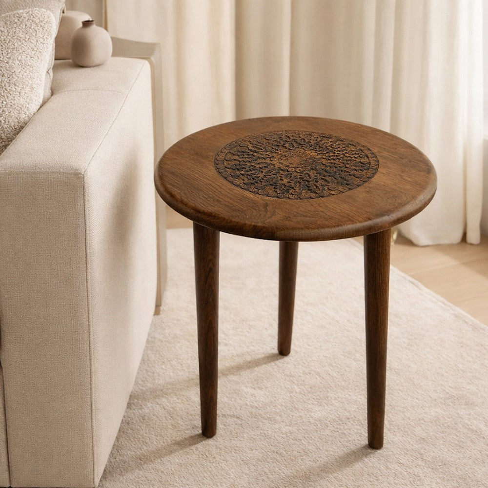 Ama 22 Inch Side End Table, Round Top, Indian Mandala Floral Carving, 3 Legs, Brown Mango Wood - UPT-339541