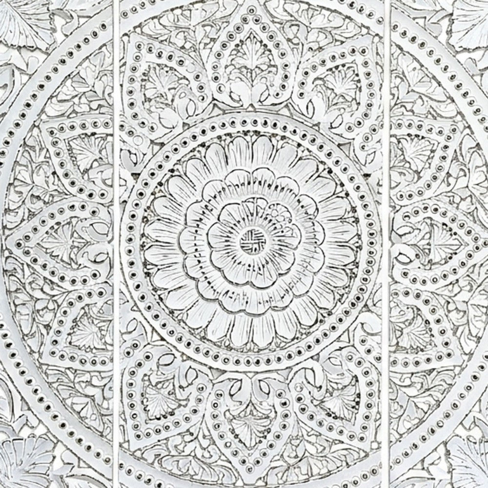 Josa 3pc Wood Wall Panel Set, Mandala Floral Carving, Antique White Finish, 48 Inch Square Decor - UPT-339542