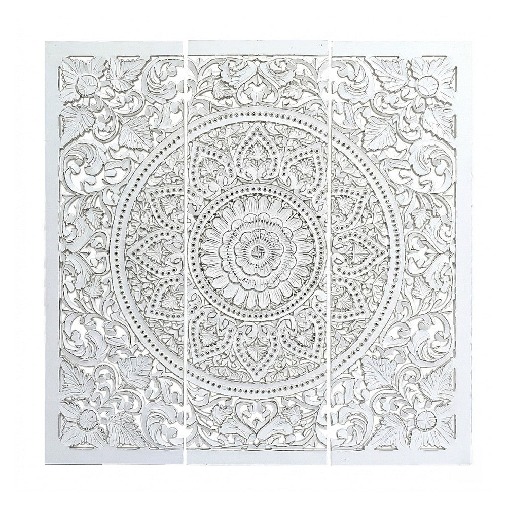 Josa 3pc Wood Wall Panel Set, Mandala Floral Carving, Antique White Finish, 48 Inch Square Decor - UPT-339542