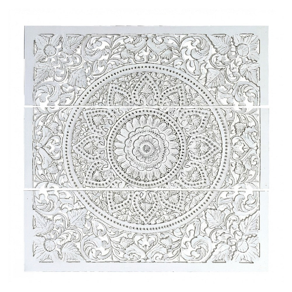 Josa 3pc Wood Wall Panel Set, Mandala Floral Carving, Antique White Finish, 48 Inch Square Decor - UPT-339542