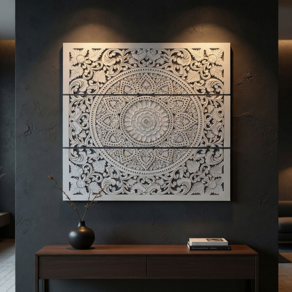 Josa 3pc Wood Wall Panel Set, Mandala Floral Carving, Antique White Finish, 48 Inch Square Decor - UPT-339542