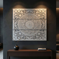 Josa 3pc Wood Wall Panel Set, Mandala Floral Carving, Antique White Finish, 48 Inch Square Decor - UPT-339542