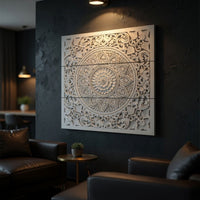 Josa 3pc Wood Wall Panel Set, Mandala Floral Carving, Antique White Finish, 48 Inch Square Decor - UPT-339542