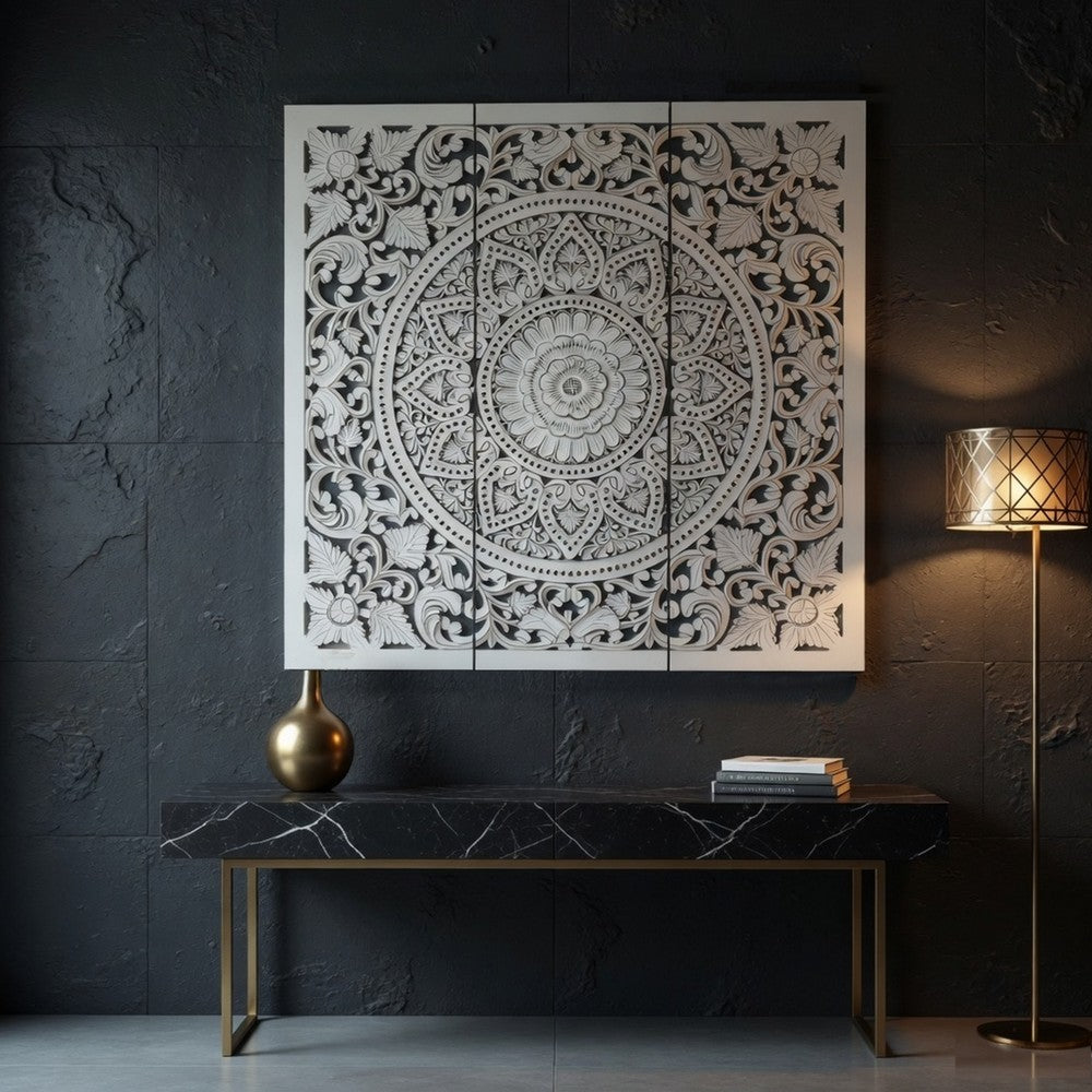 Josa 3pc Wood Wall Panel Set, Mandala Floral Carving, Antique White Finish, 48 Inch Square Decor - UPT-339542