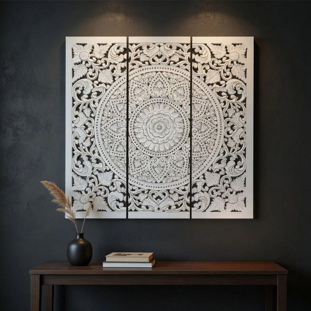 Josa 3pc Wood Wall Panel Set, Mandala Floral Carving, Antique White Finish, 48 Inch Square Decor - UPT-339542