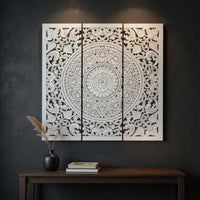 Josa 3pc Wood Wall Panel Set, Mandala Floral Carving, Antique White Finish, 48 Inch Square Decor - UPT-339542