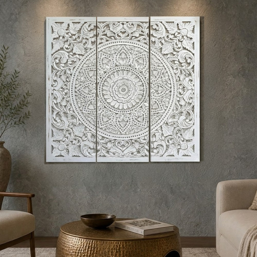 Josa 3pc Wood Wall Panel Set, Mandala Floral Carving, Antique White Finish, 48 Inch Square Decor - UPT-339542