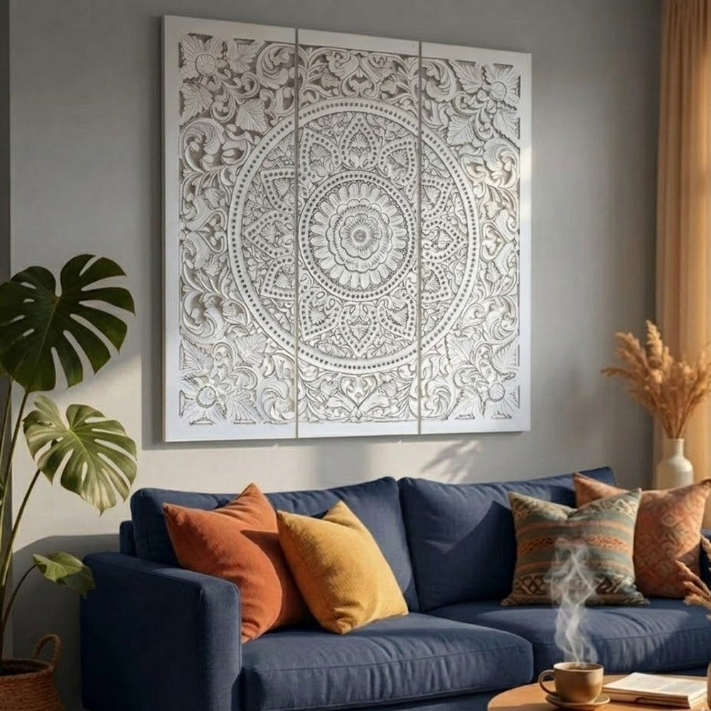 Josa 3pc Wood Wall Panel Set, Mandala Floral Carving, Antique White Finish, 48 Inch Square Decor - UPT-339542